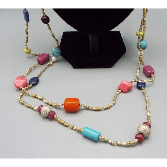 Chico's NWT Double Strand Colorful Colorblock Seed Bead Long 41.5" Necklace - Picture 4 of 6